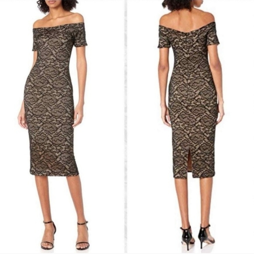 Dress the Population Jemma Off Shoulder Midi Dress Black Nude - Picture 2 of 12